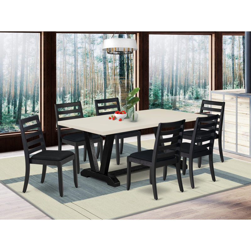 L'ensemble de table de cuisine 7 pièces se compose d'une table de cuisine rectangulaire et de 6 chaises empilables en tissu de polyester noir, finition noire brossée