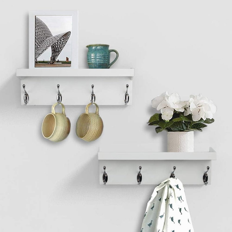 Ensemble de 2 portemanteaux flottants muraux blancs avec tablette de rangement et 4 cintres durables, organisateur de vestibule pour manteaux, chapeaux, sacs