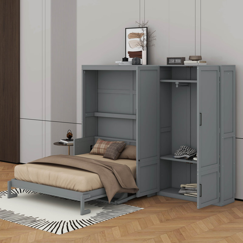 Grand lit escamotable mural avec placard, Gris