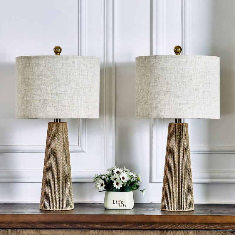 Arcola 25.8" Farmhouse Boho Handwoven Rattan and Paper Cord Table Lamp with Drum Shade