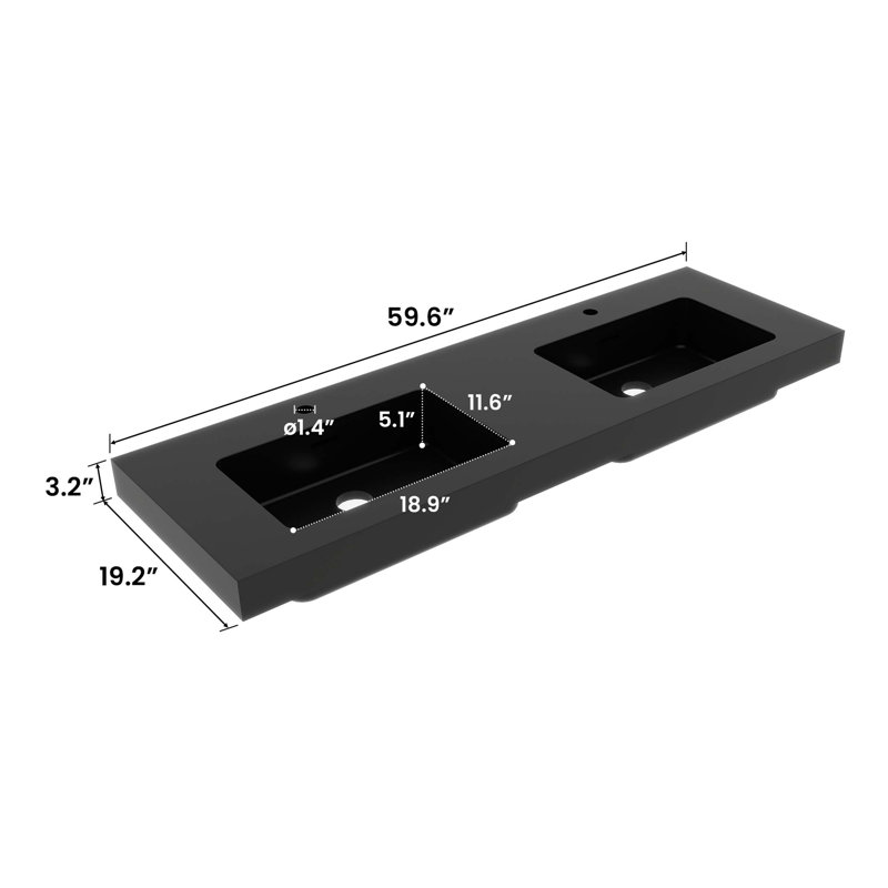 Lavabo intégré à surface solide sans drain ni robinet, Noir mat