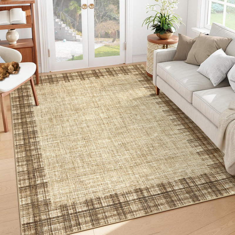 Modern Rugs for Bedroom Bordered Rug Washable RugNon-Slip Carpet Foldable Accent Rug for Bathroom Bedroom Entryway, Beige