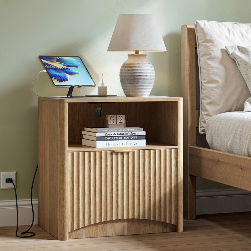 Fluted Nightstand With Charging Station, Bedside Table With Drawer And Storage, Large Night Stand For Bedroom, Individual
