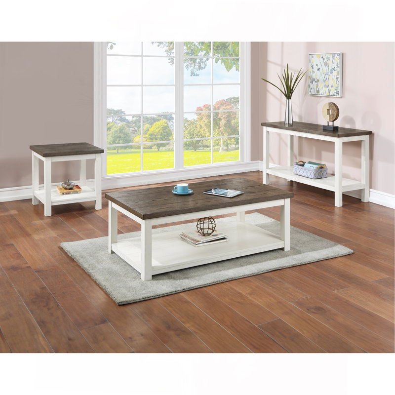 Canapé 3 pièces de style campagnard avec tablette ouverte et fini brun blanc