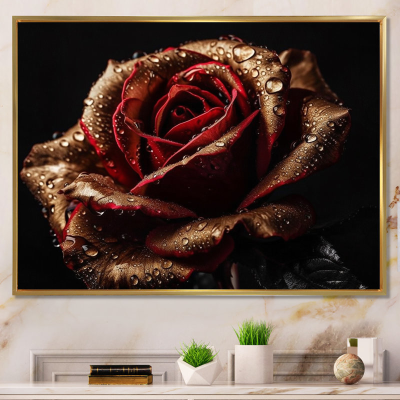 Morning Dew On Exquiste Red Rose - Art mural rose, H 24 po x l 32 po x P 1 po, Cadre flottant doré