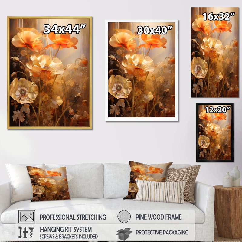 «Poppies Bronze Brilliance», reproduction d'art sur toile, Cadre naturel flottant, H 44 po x l 34 po x P 1,5 po