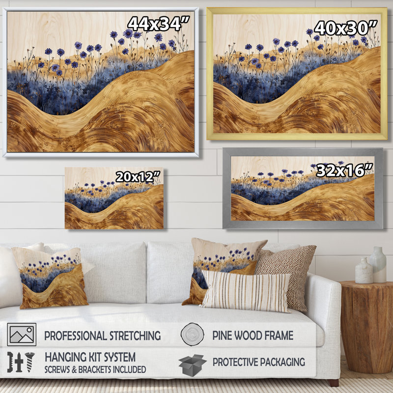 Fleurs bleues turquoise et paysage en bois III - Art mural bleuets, H 16 po x l 32 po, Cadre flottant, Crème, crème