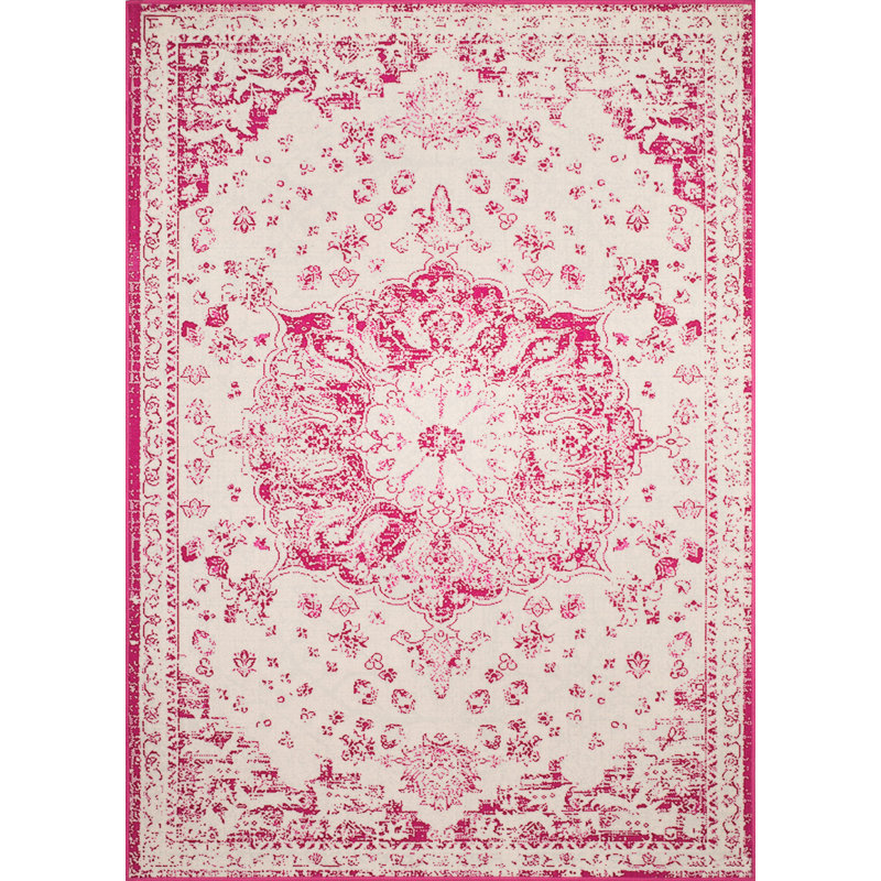Tapis transitionnel à médaillon rétro avec envers antidérapant, magenta, 2 pi x 3 pi, Rectangle 9 pi 8 po x 13 pi 1 po