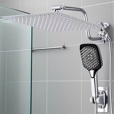 Pomme de douche à haute pression chromée 10 pouces avec bras réglable à main