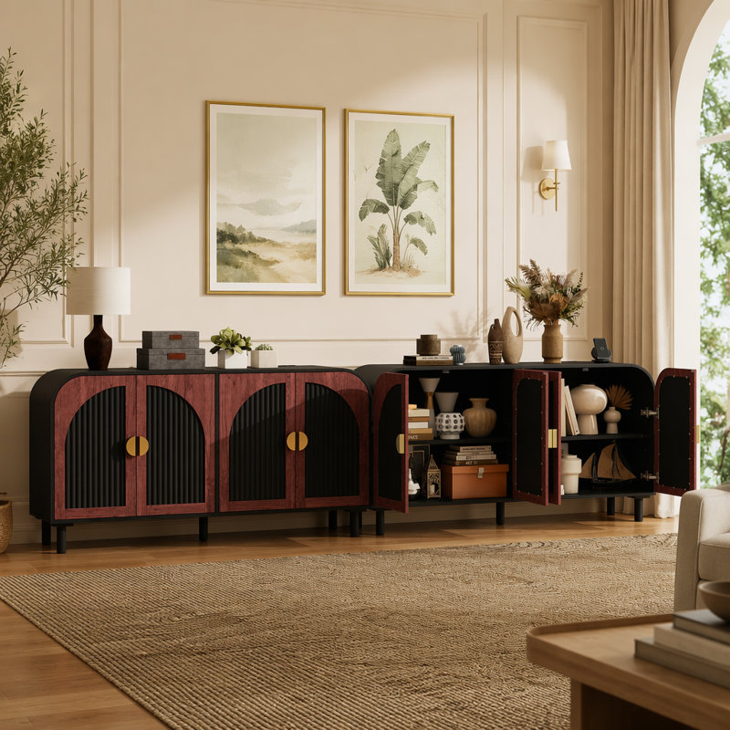 Buffet rétro arqué avec poignée demi-lune dorée, tablettes réglables et pied central en bois massif pour un rangement polyvalent