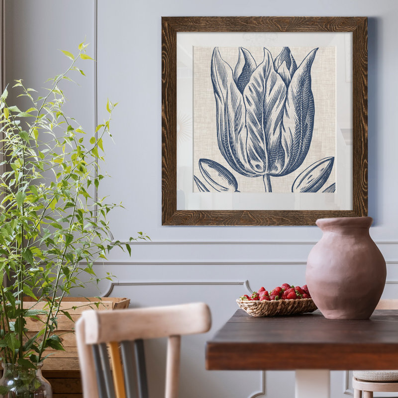 Indigo floral sur lin VI - reproduction encadrée de qualité supérieure - prêt à être accroché - impression encadrée sur papier