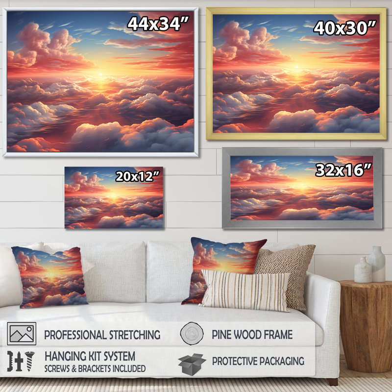 Jaune et rose coucher de soleil dans le ciel I - art mural ciel, Cadre doré à coins fermés, H 34 po x l 44 po x P 1,5 po