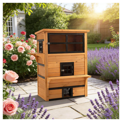 Wooden Outdoor Cat House with Multi-Level Platforms, Escape Doors, and Jump Ramps for Backyard Use