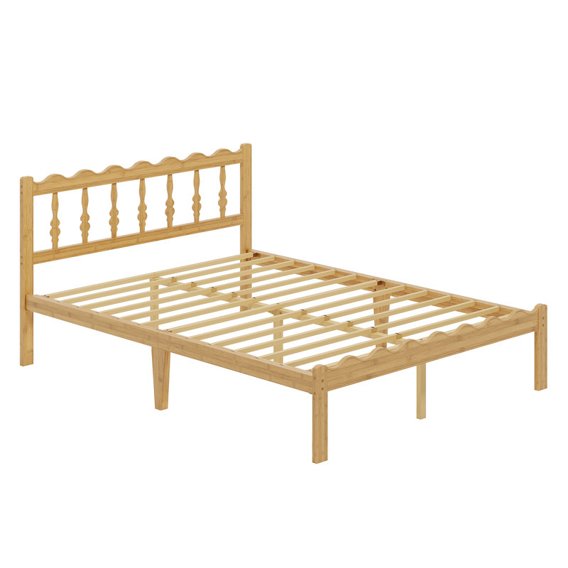 Base de lit plateforme en bois massif de bambou 12 po avec tête de lit ondulée, lattes en métal, aucun sommier requis, 12"