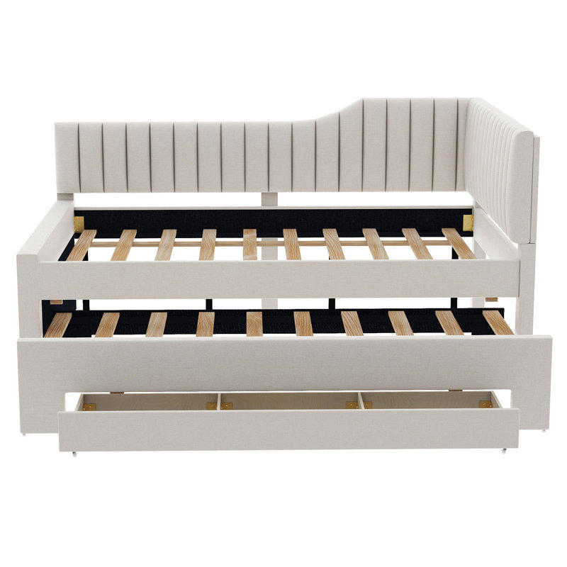 Upholstered Daybed With Trundle And Three Drawers, Beige, Full/Double