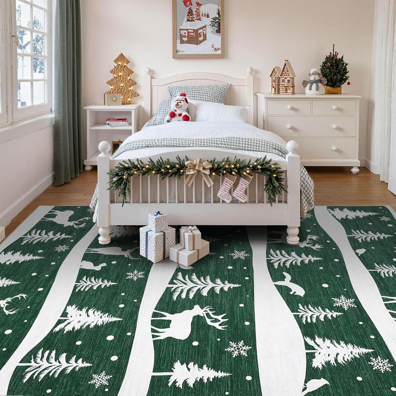 9x12 Christmas Area Rug with Tree Reindeer Snowflake, Washable Non Slip Rug, Green, Rectangle 9' x 12', Green