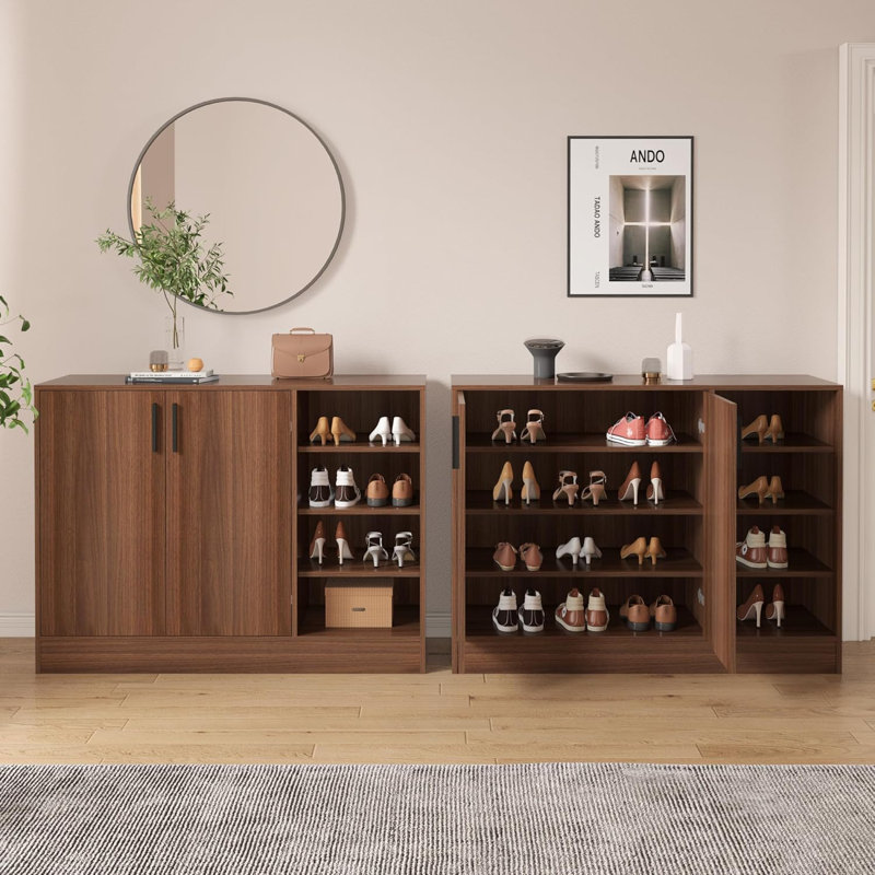 Latitude RunÂ® Shoe Cabinet, 4-Tier Shoe Rack With Doors And Open Storage Shelf, Walnut