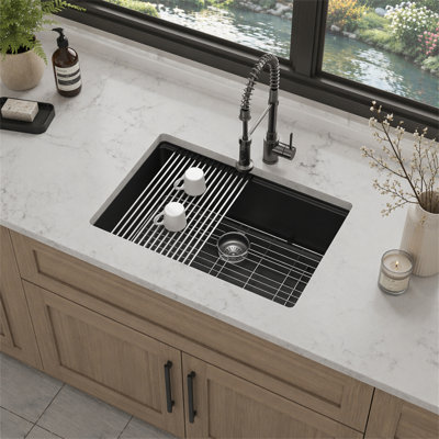 Évier de cuisine en quartz - Évier de cuisine 28 po x 19 po x 9,65 po en granite noir