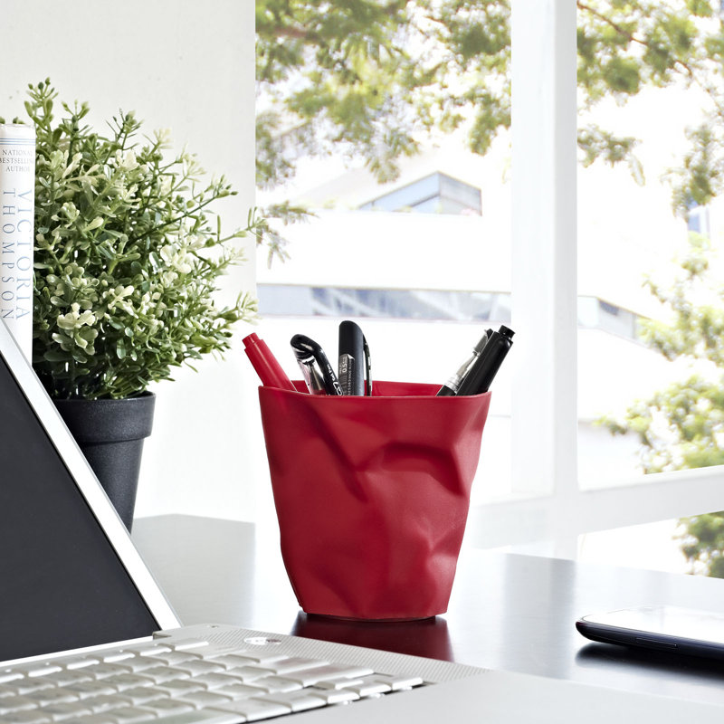 Modway Lava' Crumpled Paper Modern Pencil Holder, Red