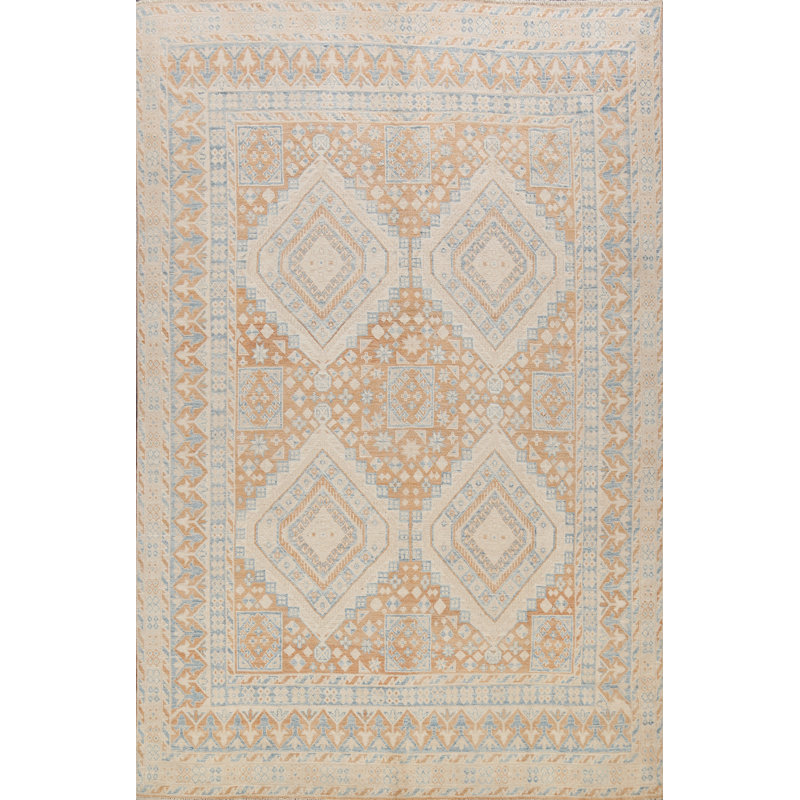 Tapis décoratif en laine de conception unique noué à la main New Age Oushak beige/bleu 8 pi 5 po x 10 pi