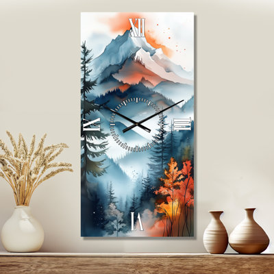 Horloge murale en métal Blue and Orange Alpine Mountain Top Mist Ridge I - Lodge