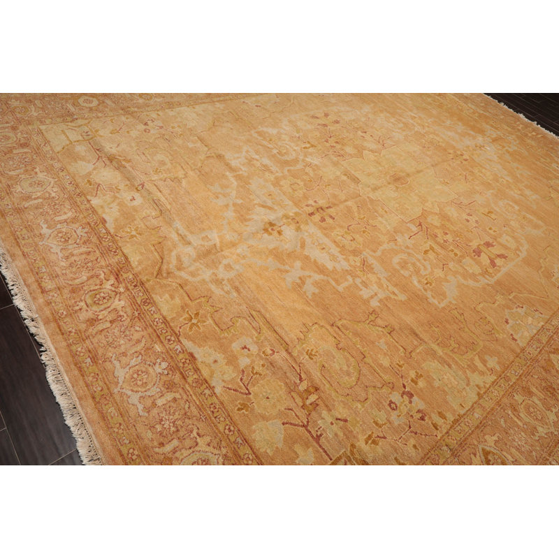Hand-Knotted Pale Peach and Tan Wool Oriental Rug