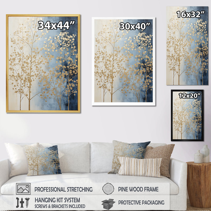 Minimalisme harmonie des arbres beiges et bleus, impression sur toile, H 32 po x l 16 po x P 1 po, Cadre simple blanc