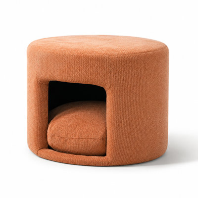 Pet-Friendly Round Ottoman with Removable Pet Cushion and Hidden Pet Nook - Upholstered Footrest Stool with Acacia Wood Legs