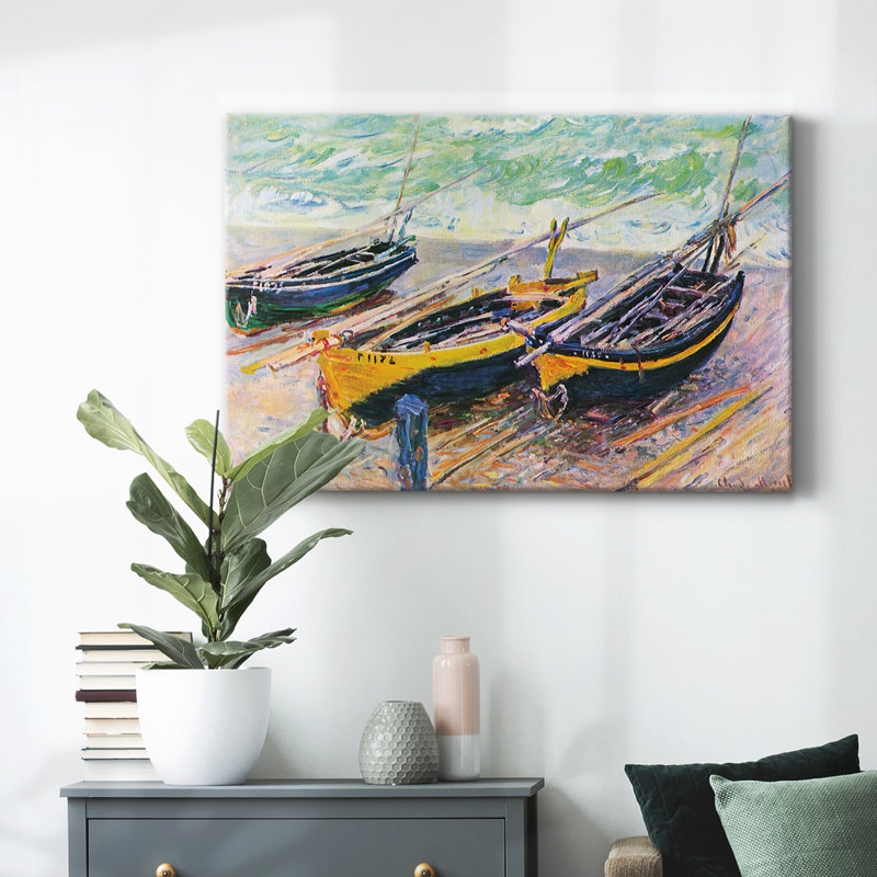Trois bateaux de pêche à Eretrat par Monet-Gallery, toile tendue, H 12 po x l 18 po