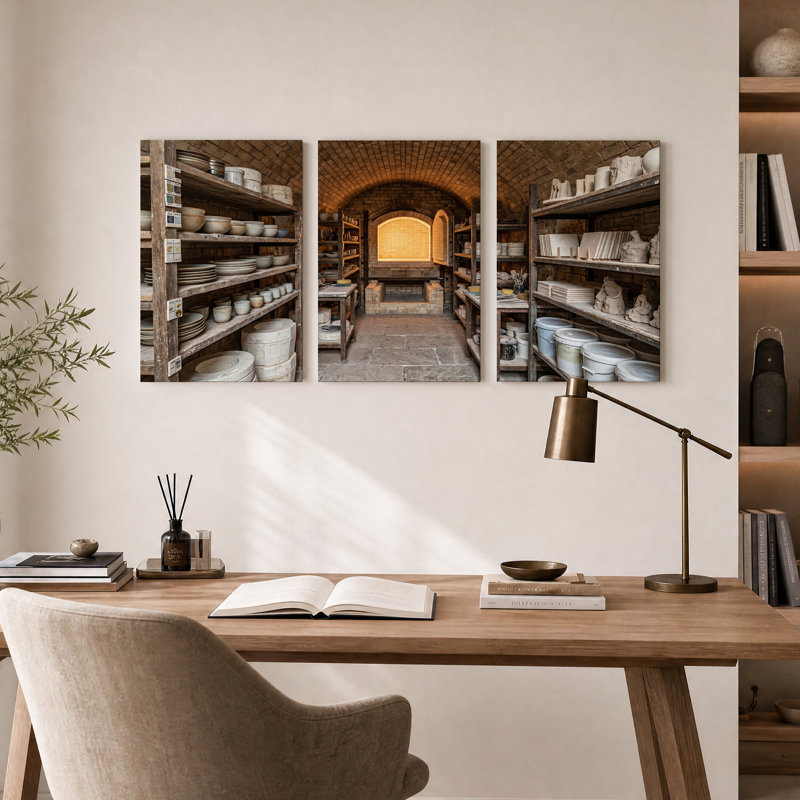 Ensemble de 3 toiles murales représentant un atelier de poterie voûté en briques avec un four incandescent