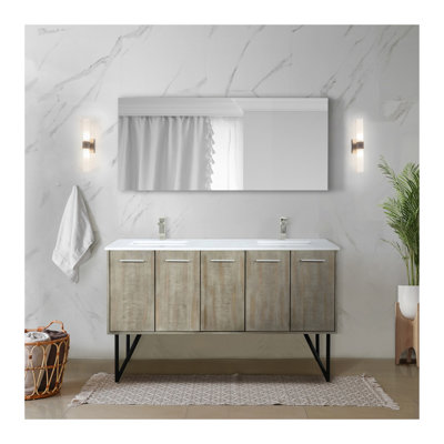 Rustic Acacia Double Bath Vanity 60 in. W x 20 in. D, Cultured Marble Top, Brushed Nickel Faucet Set and 55 in. Mirror
