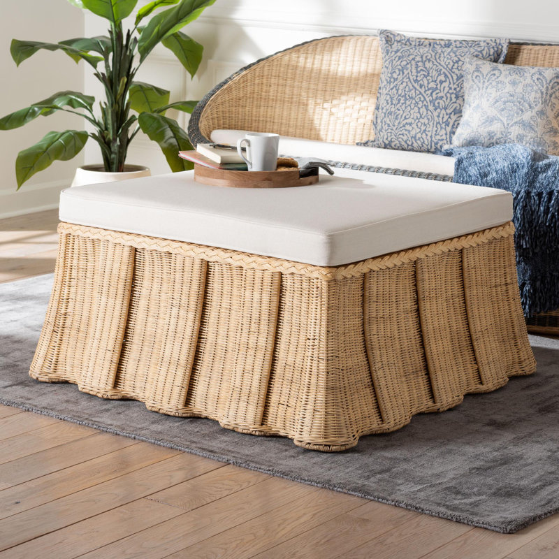 Bali & Pari Rotem Natural Rattan Ottoman With Cushion - Handwoven Wicker Pleated Skirt Accent Coffee Table Or Extra Seating For Living Room Or Sunroom, Large