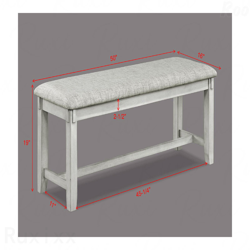 Banc 1 pièce à hauteur standard - Finition bois flottant, siège rembourré en tissu gris et blanc, pieds fuselés, style contemporain et transitionnel
