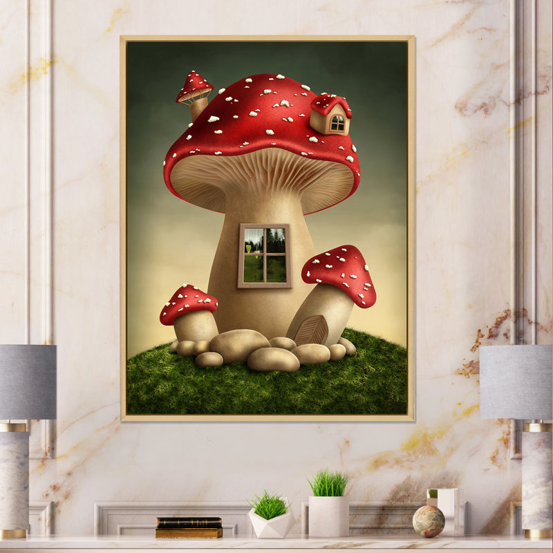 Fantasy Mushroom House - Peinture sur toile, H 32 po x l 24 po, Toile avec cadre en érable