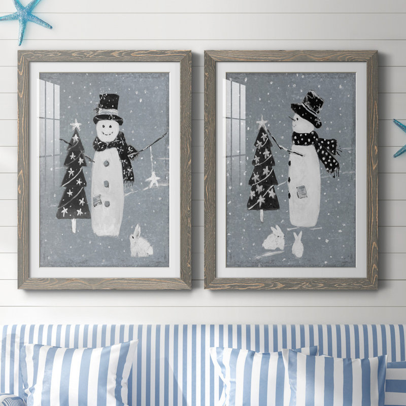 «Snowman Galvanized I», ensemble de 2 reproductions, H 37,5 po x l 55 po x P 1,5 po, Cadre en papier gris, Blanc
