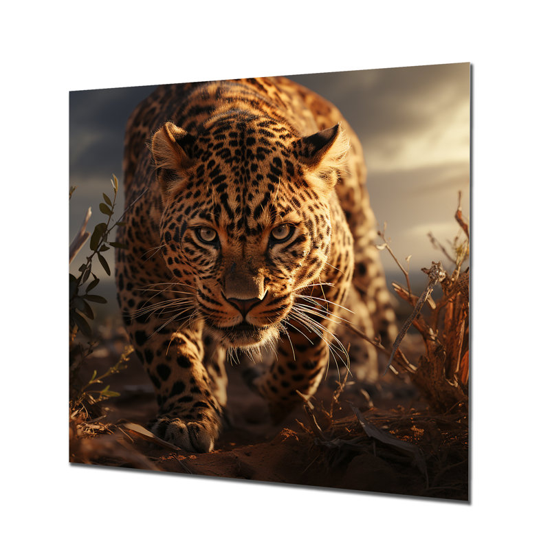 Léopard dans la nature au coucher du soleil I - Art mural en métal animal léopard / guépard, H 16 po x l 16 po x P 1 po