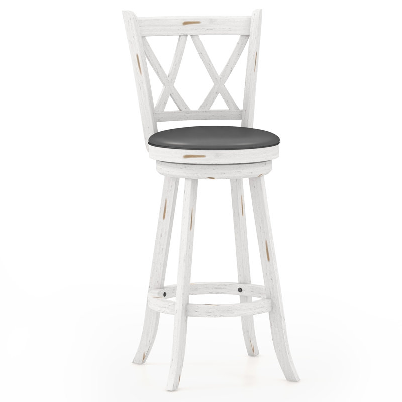 White and Gray Wood Swivel Bar Stools with Upholstered Seat