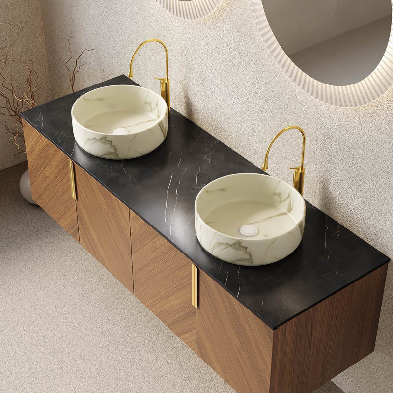 Meuble-lavabo avec lavabo vasque Arai, Blanc / céramique grise, 60", Rond