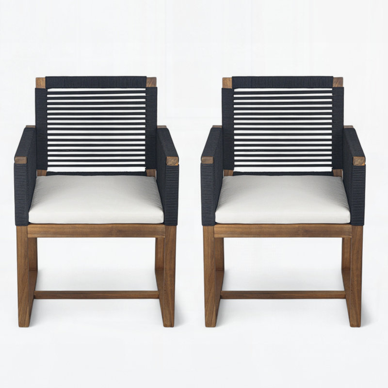 Chaise de salle à manger d'extérieur (ensemble de 2), Coussin blanc / cadre noir / brun