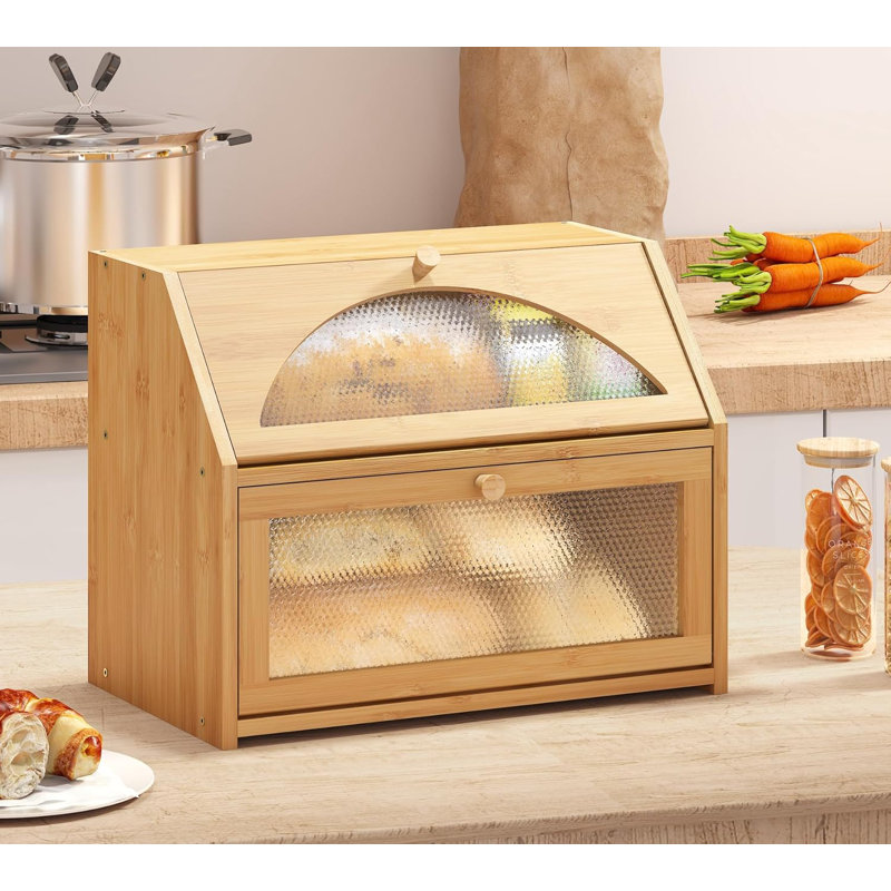 Bread Box, Bamboo Wood Bread Box For Kitchen Counter, Double-Layer Bread Storage Bin, Acrylic Glass With Diamond Patterns (Natural)