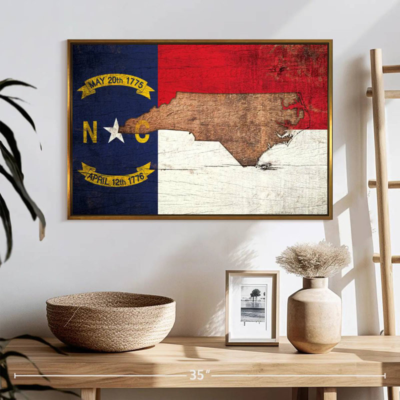 Carte d'État sur le drapeau de la Caroline du Nord, 25 po x 17 po, Cadre flottant doré