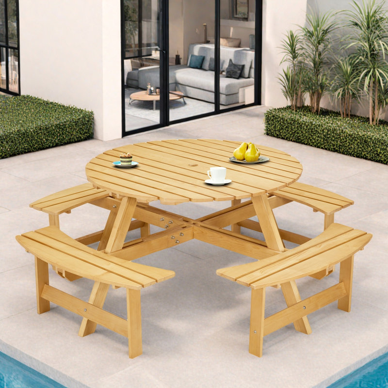 Table de pique-nique d'extérieur pour 8 personnes avec 4 bancs intégrés et trou pour parasol, Jaune