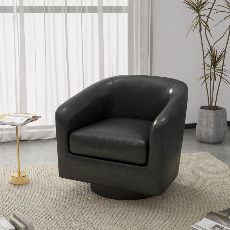 Bennett 73.1 Cm Wide Swivel Barrel Chair, Black Faux Leather