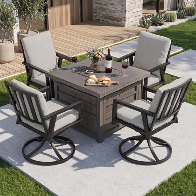 Ensemble de foyer d'extérieur 5 pièces avec chaises de salle à manger pivotantes, coussins à fermeture à glissière, table de foyer d'extérieur au propane 35 po avec couvercle amovible 50 000 BTU et perles de verre, pour le jardin près de la piscin