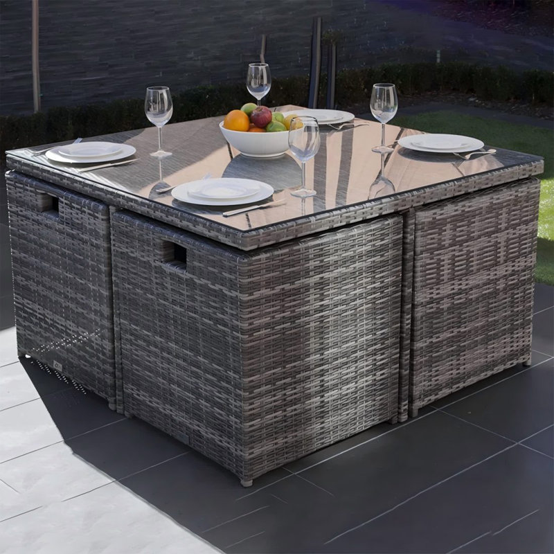 8 - Person Wicker Patio Dining Set with Square Table , Cushions Included, Gray