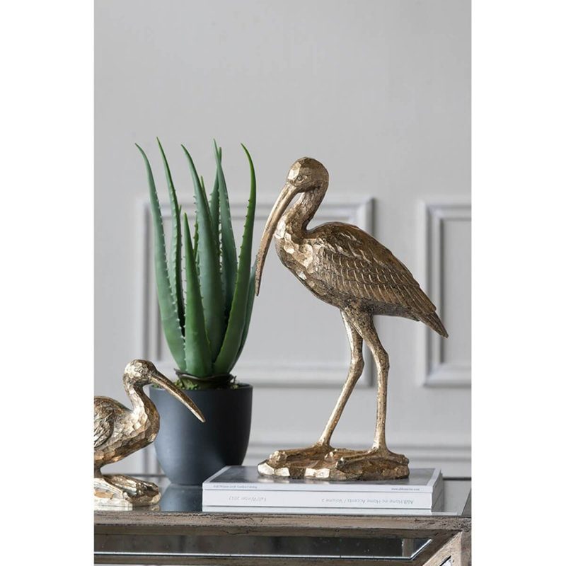 Figurine grue en or 15,9 po, statue d'oiseau debout élégante avec base texturée, sculpture décorative pour le salon, la chambre à coucher et le vestibule