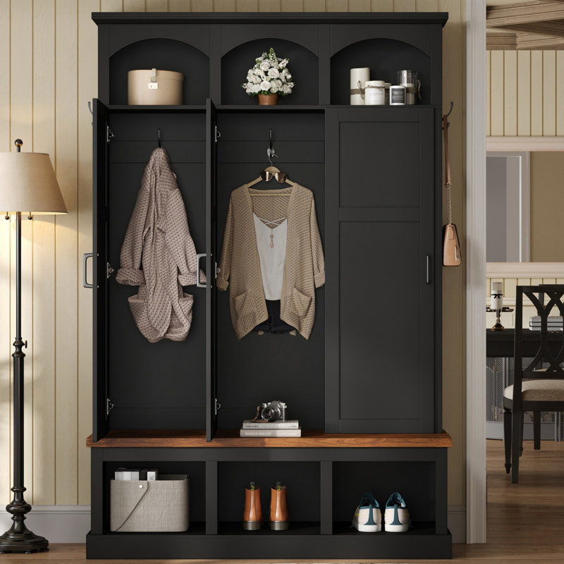 Hall Tree 49'' Wide With Bench And Shoe Storage, Black