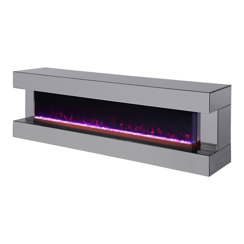 71" TV Stand with Visual Flame Box Grey Mirror, Grey