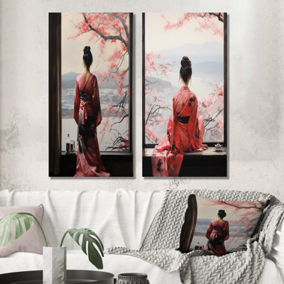 Pink Tree Japanese Woman Window View I - Japanese Canvas Wall Art Set Of 2