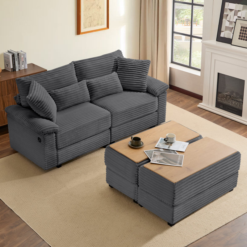 Corduroy Upholstered Sectional Sofa with Wood Table Top, 74" Modular Cloud Couch Lounge with Armrests & Throw Pillows For Living Room, Dark Gray